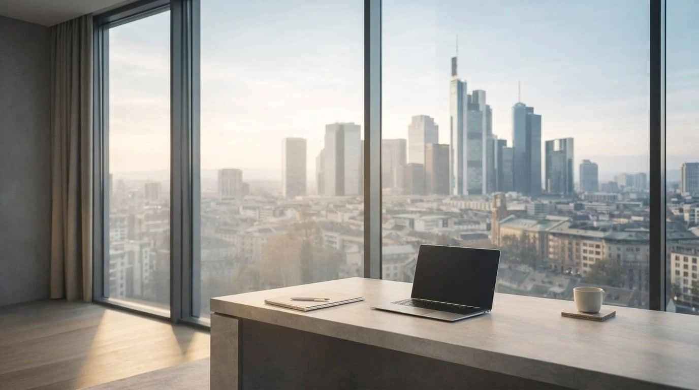 Arbeitsplatz mit Blick auf die Frankfurter Skyline