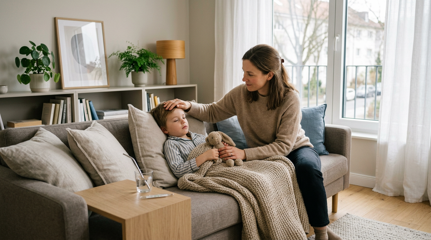 child sick days in germany - mother taking care of her son at home