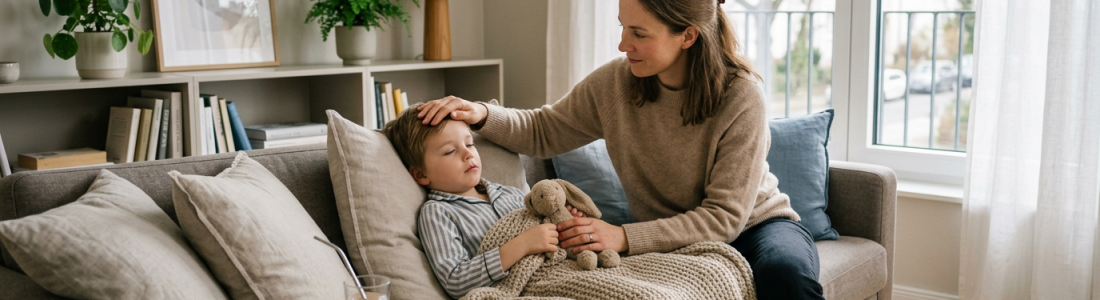 child sick days in germany - mother taking care of her son at home