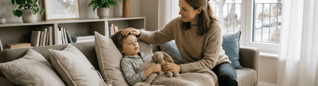 child sick days in germany - mother taking care of her son at home